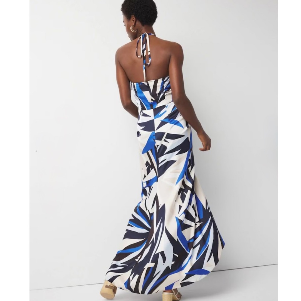 WHBM Satin Halter Maxi Dress SIZE 6 blue black white  tropical resortwear chic